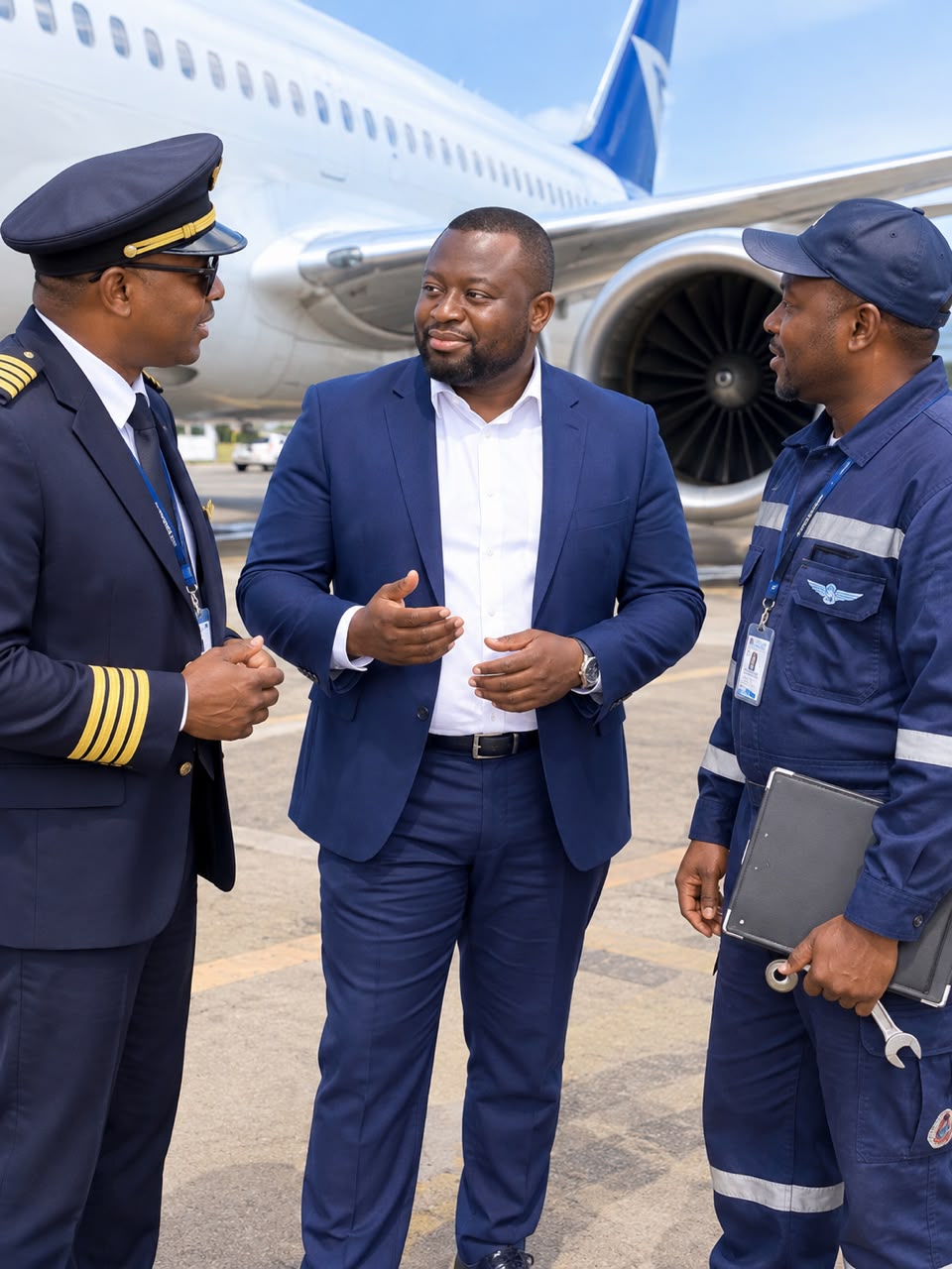 Inspection tarmac aéroport, échange pilote et mécanicien