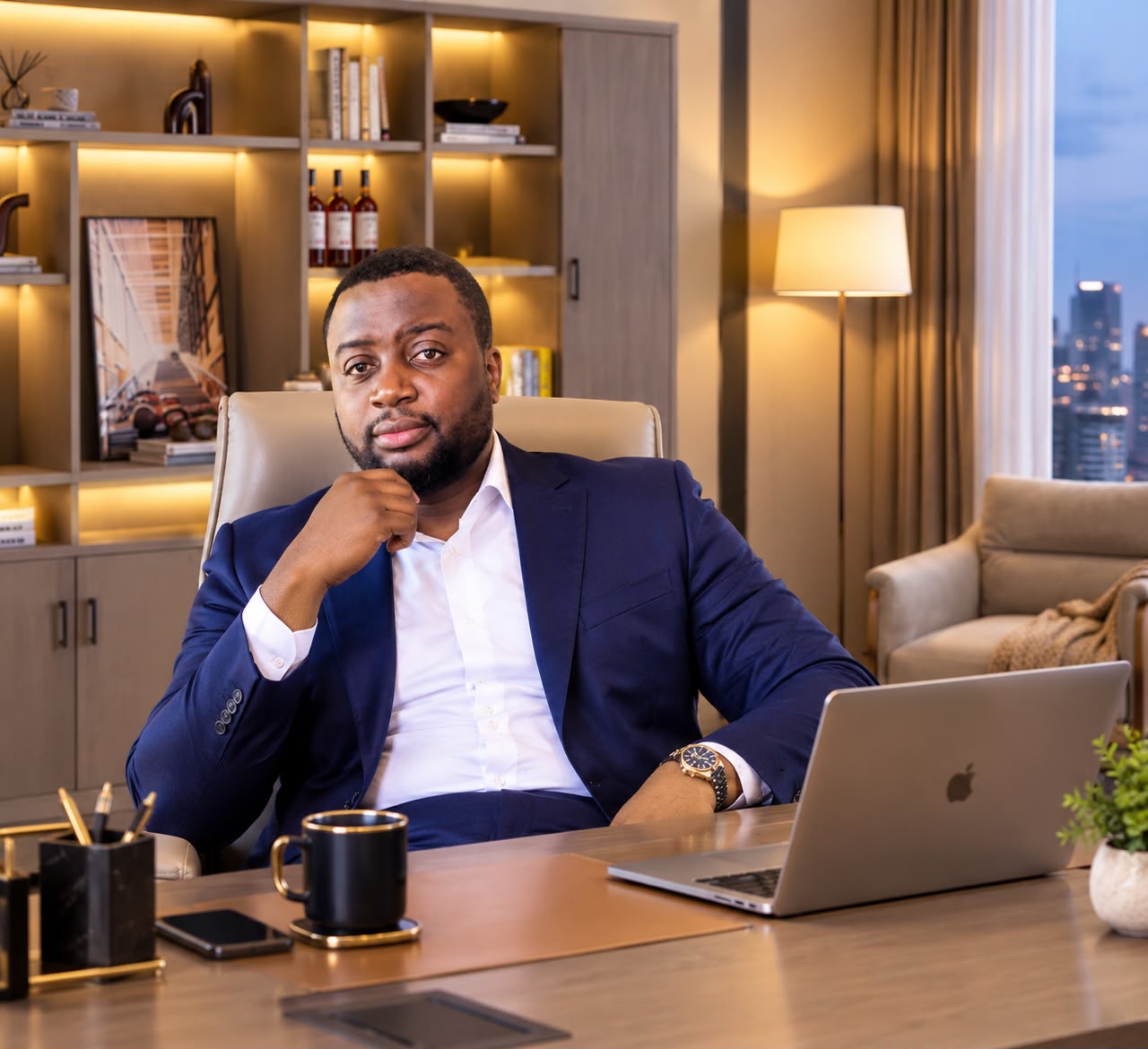 Sylvain MUYALI — CEO de S-MUYALI GROUP assis à son bureau de direction avec laptop